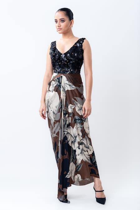 Buy_Nupur Kanoi_Brown Crepe, Satin, Lycra Sequins V-neck Printed Slit Cape With Draped Dress _Online_at_Aza_Fashions