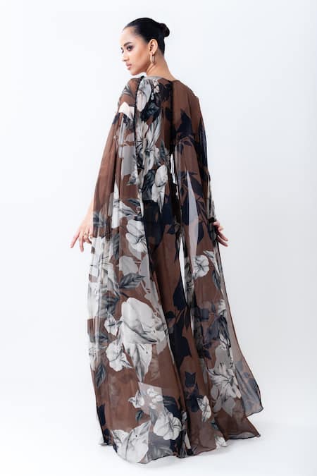 Nupur Kanoi Printed Slit Cape With Draped Dress 