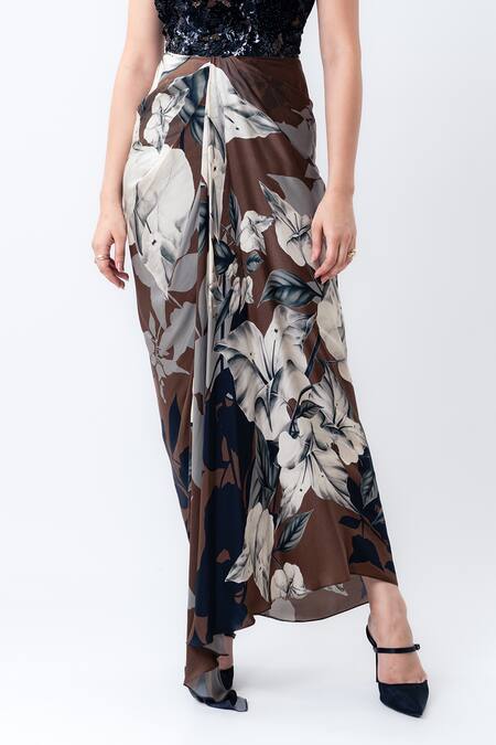 Shop_Nupur Kanoi_Brown Crepe, Satin, Lycra Sequins V-neck Printed Slit Cape With Draped Dress _Online_at_Aza_Fashions