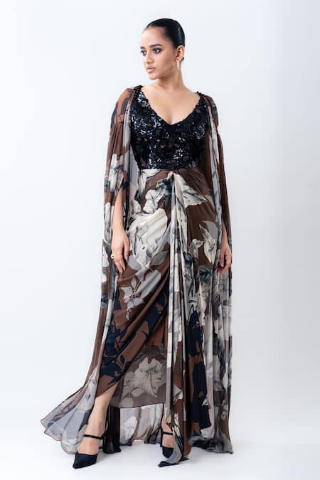 Nupur Kanoi Printed Slit Cape With Draped Dress 