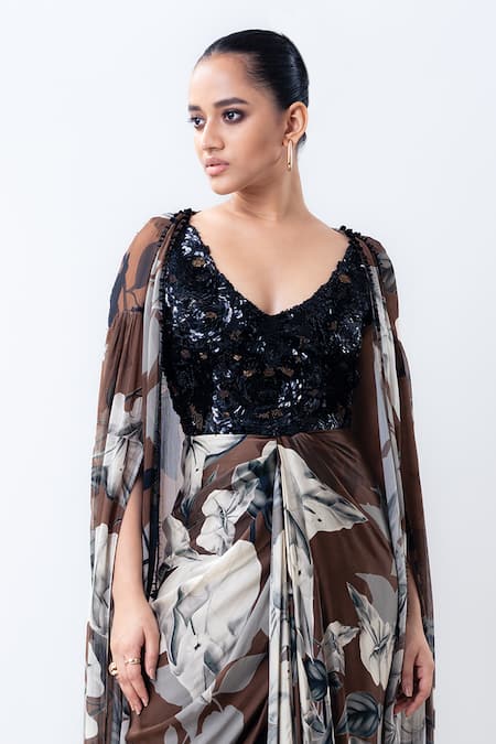 Nupur Kanoi_Brown Crepe, Satin, Lycra Sequins V-neck Printed Slit Cape With Draped Dress _at_Aza_Fashions