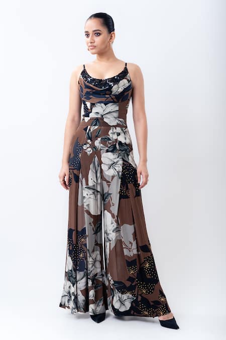 Nupur Kanoi_Brown Crepe, Satin, Lycra Sequins, Studs Cowl Printed Slit Cape With Jumpsuit _Online_at_Aza_Fashions