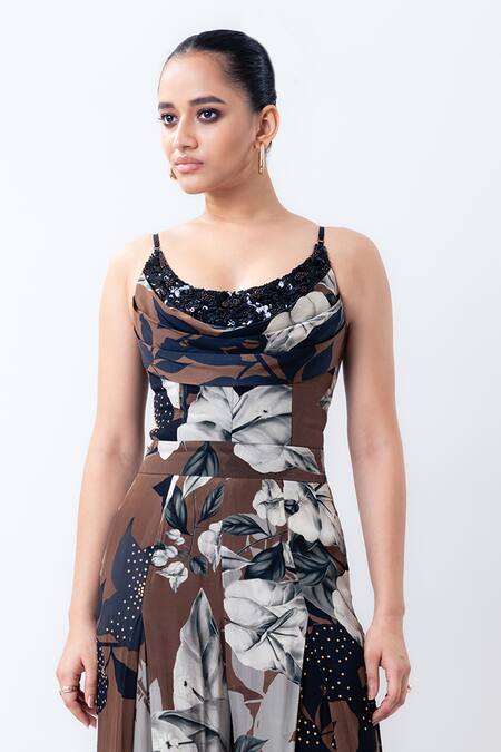 Buy_Nupur Kanoi_Brown Crepe, Satin, Lycra Sequins, Studs Cowl Printed Slit Cape With Jumpsuit _Online_at_Aza_Fashions