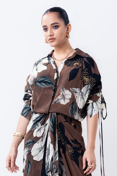 Nupur Kanoi_Brown Crepe Studs, Foil Printing Collared Printed Studded Knotted Dress _Online_at_Aza_Fashions