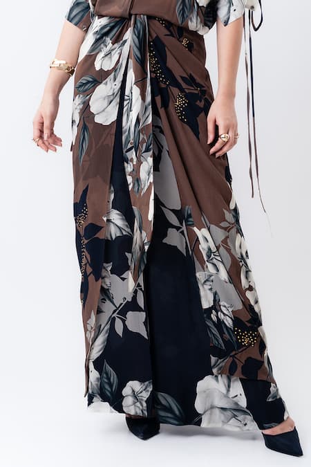 Buy_Nupur Kanoi_Brown Crepe Studs, Foil Printing Collared Printed Studded Knotted Dress _Online_at_Aza_Fashions