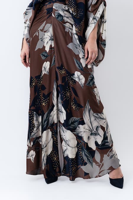 Buy_Nupur Kanoi_Brown Satin Studs Collared, V-neck Printed Studded Balloon Top With Draped Skirt _Online_at_Aza_Fashions