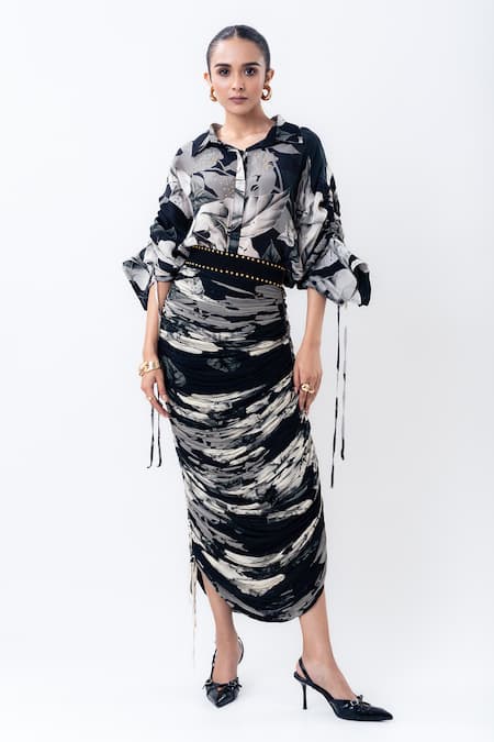 Nupur Kanoi Printed Studded Shirt With Gathered Skirt 