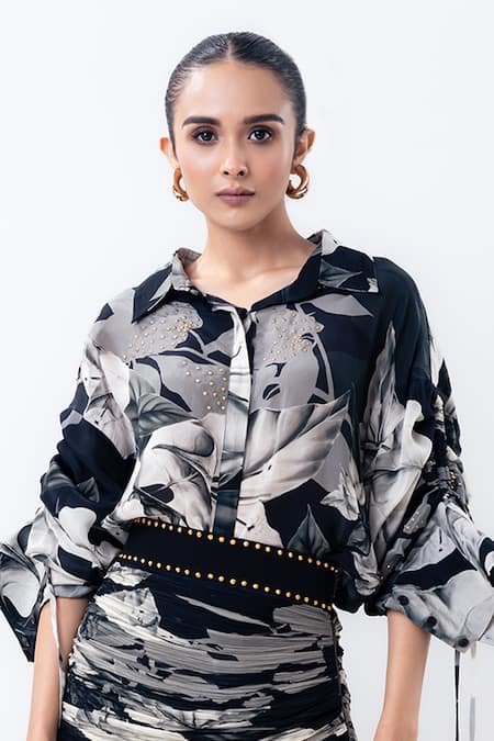 Nupur Kanoi Black Crepe, Chiffon Studs Collared Printed Studded Shirt With Gathered Skirt Online at Aza Fashions Nupur Kanoi_Black Crepe, Chiffon Studs Collared Printed Studded Shirt With Gathered Skirt _Online_at_Aza_Fashions