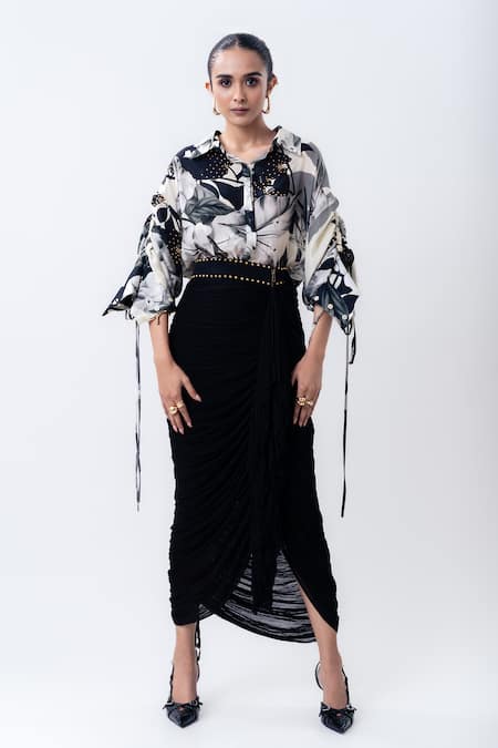 Nupur Kanoi Printed Studded Shirt With Gathered Skirt 