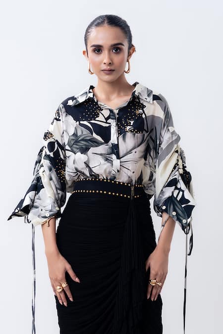 Buy Nupur Kanoi Off White Crepe, Chiffon Studs, Foil Printed Studded Shirt With Gathered Skirt Online at Aza Fashions Buy_Nupur Kanoi_Off White Crepe, Chiffon Studs, Foil Printed Studded Shirt With Gathered Skirt _Online_at_Aza_Fashions