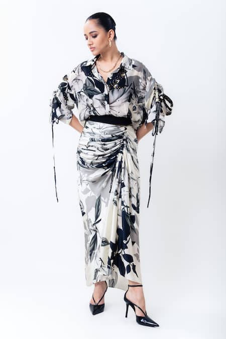 Nupur Kanoi Printed Studded Shirt With Drawstring Skirt 