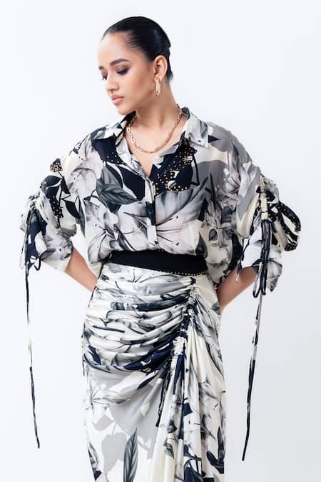 Nupur Kanoi Printed Studded Shirt With Drawstring Skirt 