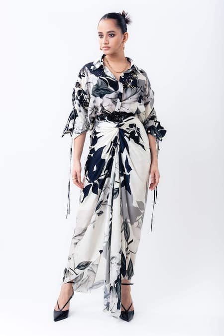 Nupur Kanoi Printed Studded Shirt With Front Knot Skirt 