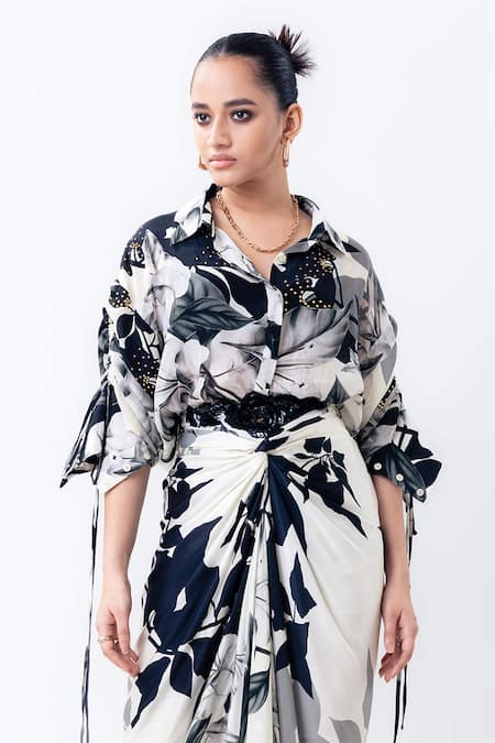 Nupur Kanoi_Off White Crepe, Satin Studs Printed Studded Shirt With Front Knot Skirt _Online_at_Aza_Fashions
