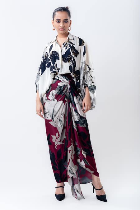 Nupur Kanoi Printed Studded Balloon Top With Side Knot Skirt 