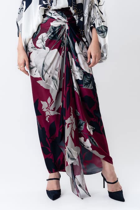 Nupur Kanoi_Off White Satin Studs Collared, Printed Studded Balloon Top With Side Knot Skirt _Online_at_Aza_Fashions