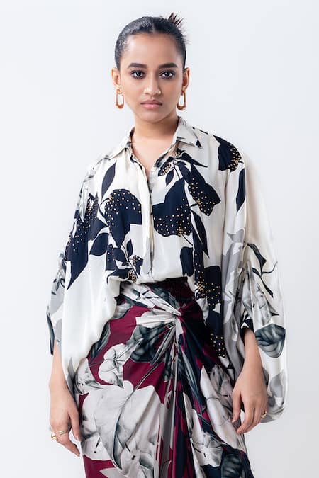 Buy_Nupur Kanoi_Off White Satin Studs Collared, Printed Studded Balloon Top With Side Knot Skirt _Online_at_Aza_Fashions