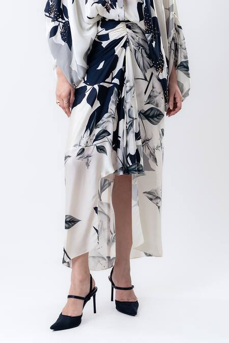 Nupur Kanoi_Off White Satin Studs Collared Printed Studded Balloon Top With Pick Up Skirt _Online_at_Aza_Fashions