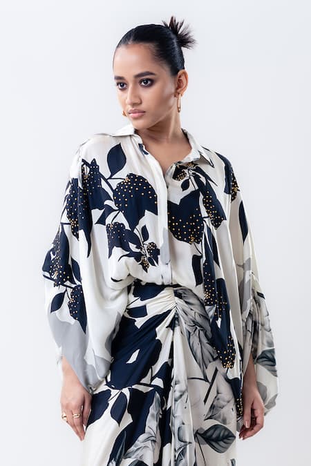 Buy_Nupur Kanoi_Off White Satin Studs Collared Printed Studded Balloon Top With Pick Up Skirt _Online_at_Aza_Fashions