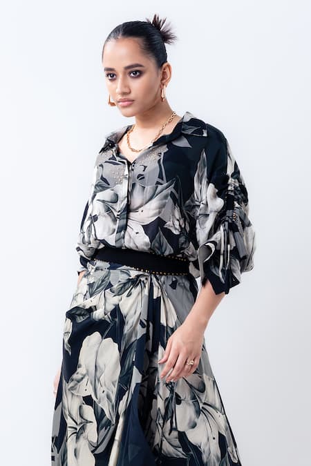 Nupur Kanoi_Black Crepe, Satin Studs Collared Printed Studded Shirt With Pick Up Skirt _Online_at_Aza_Fashions