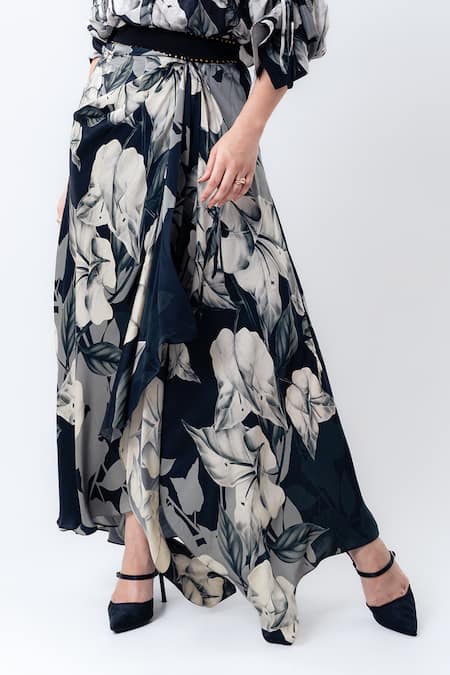 Buy_Nupur Kanoi_Black Crepe, Satin Studs Collared Printed Studded Shirt With Pick Up Skirt _Online_at_Aza_Fashions