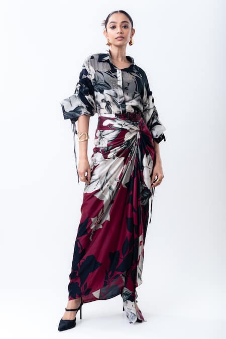 Nupur Kanoi Printed Studded Shirt With Side Knot Skirt 