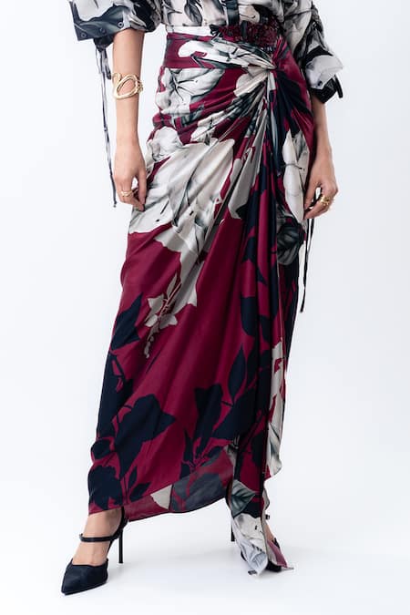 Nupur Kanoi_Black Crepe, Satin Studs Collared Printed Studded Shirt With Side Knot Skirt _Online_at_Aza_Fashions