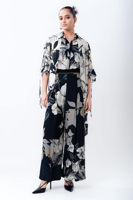 Nupur Kanoi Printed Studded Double Layer Shirt With Skirt 