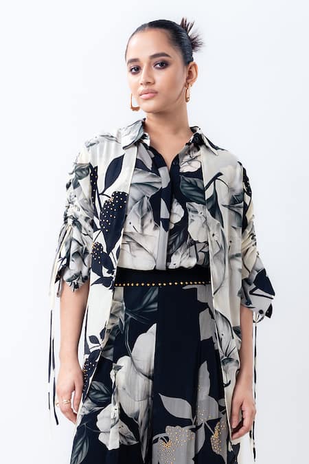 Nupur Kanoi_Off White Crepe Studs Collared, Printed Studded Double Layer Shirt With Skirt _Online_at_Aza_Fashions