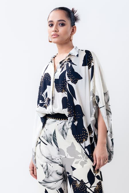 Nupur Kanoi_Off White Satin, Crepe Studs Collared, Printed Studded Balloon Top With Pant _Online_at_Aza_Fashions