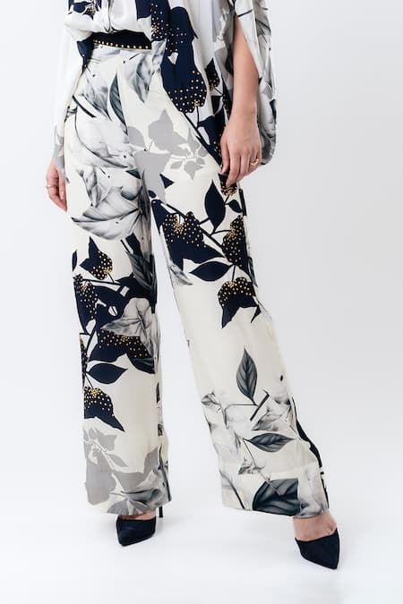 Buy_Nupur Kanoi_Off White Satin, Crepe Studs Collared, Printed Studded Balloon Top With Pant _Online_at_Aza_Fashions