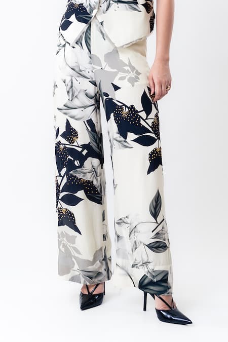 Nupur Kanoi_Off White Crepe Studs, Fringe V-neck Printed Studded Waistcoat With Pant _Online_at_Aza_Fashions
