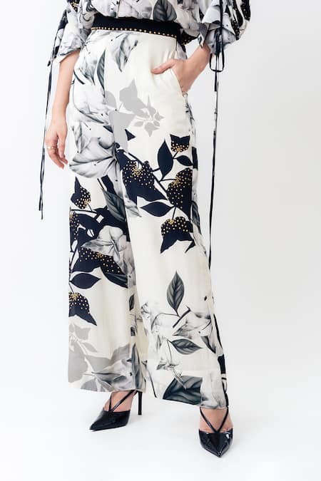 Nupur Kanoi_Off White Crepe Studs Collared, Button-down Neck Printed Studded Shirt With Pant _Online_at_Aza_Fashions