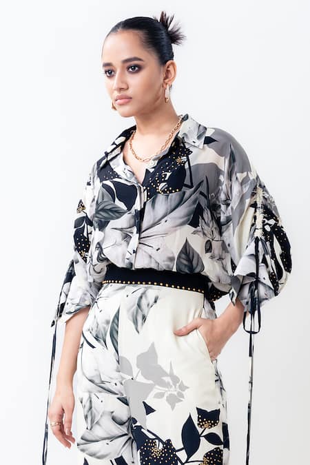 Buy_Nupur Kanoi_Off White Crepe Studs Collared, Button-down Neck Printed Studded Shirt With Pant _Online_at_Aza_Fashions