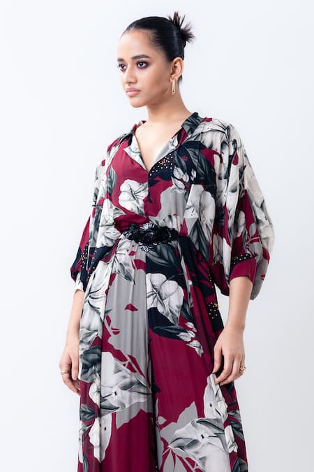 Nupur Kanoi_Multi Color Crepe Studs Collared, V-neck Printed Studded Kimono Jumpsuit _Online_at_Aza_Fashions