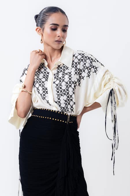 Buy_Nupur Kanoi_Off White Silk, Chiffon Beads, Embroidery Beaded Shirt With Gathered Skirt _Online_at_Aza_Fashions