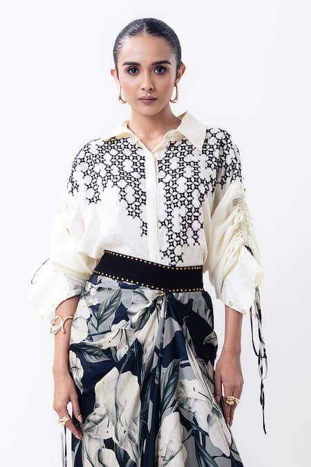 Nupur Kanoi_Off White Silk, Satin Beads, Beaded Shirt With Printed A-line Pick Up Skirt _Online_at_Aza_Fashions