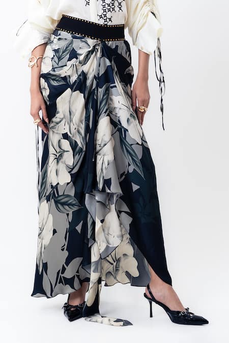 Buy_Nupur Kanoi_Off White Silk, Satin Beads, Beaded Shirt With Printed A-line Pick Up Skirt _Online_at_Aza_Fashions