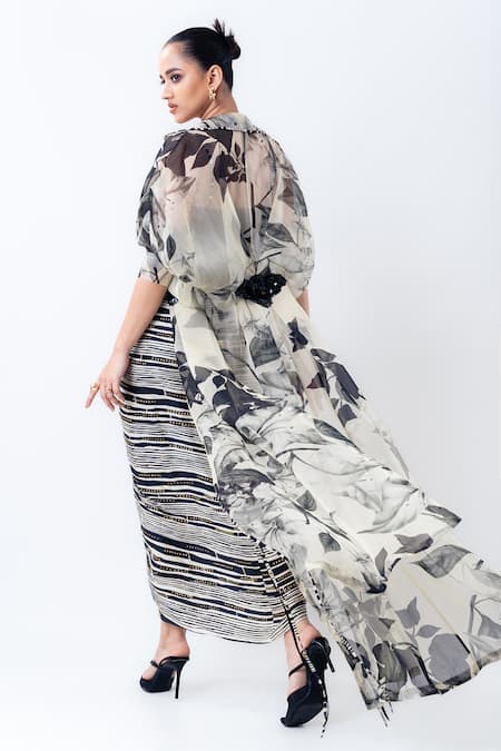 Nupur Kanoi Printed Organza Jacket With Knotted Skirt Set 