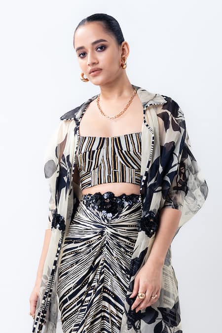 Nupur Kanoi_Off White Organza, Satin, Lycra, Crepe Printed Jacket With Knotted Skirt Set _Online_at_Aza_Fashions