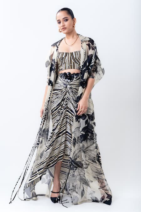 Nupur Kanoi Printed Organza Jacket With Knotted Skirt Set 