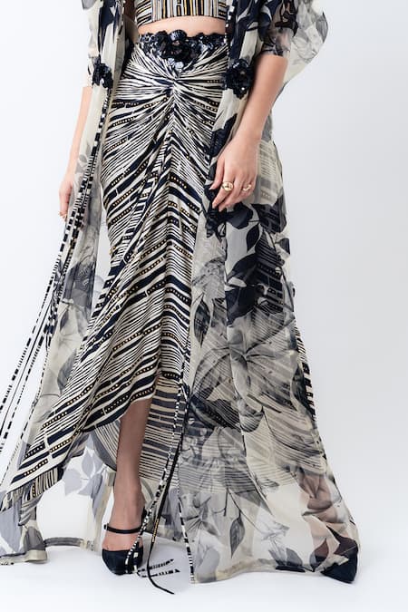 Buy_Nupur Kanoi_Off White Organza, Satin, Lycra, Crepe Printed Jacket With Knotted Skirt Set _Online_at_Aza_Fashions