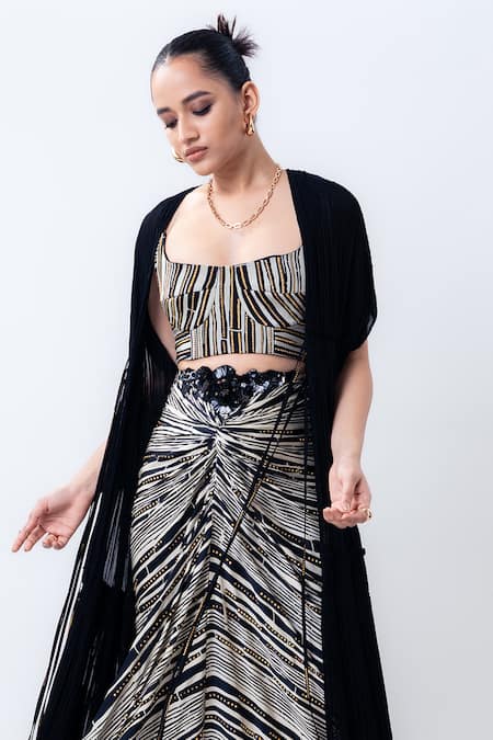 Nupur Kanoi_Black Chiffon, Satin, Lycra, Crepe Studs, Gathered Jacket With Knotted Skirt Set _Online_at_Aza_Fashions