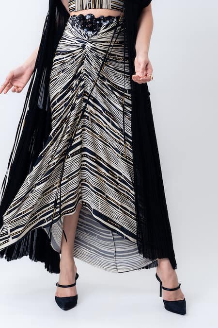 Buy_Nupur Kanoi_Black Chiffon, Satin, Lycra, Crepe Studs, Gathered Jacket With Knotted Skirt Set _Online_at_Aza_Fashions