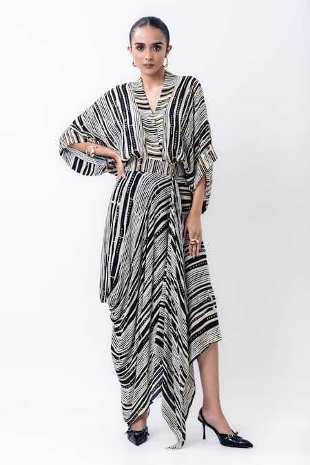 Nupur Kanoi Stripes Studded Draped Kaftan Dress 