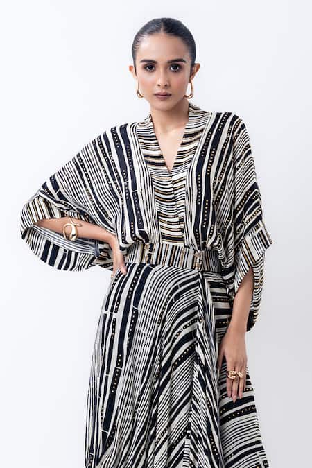 Nupur Kanoi_Black Crepe Studs V-neck Stripes Studded Draped Kaftan Dress _Online_at_Aza_Fashions