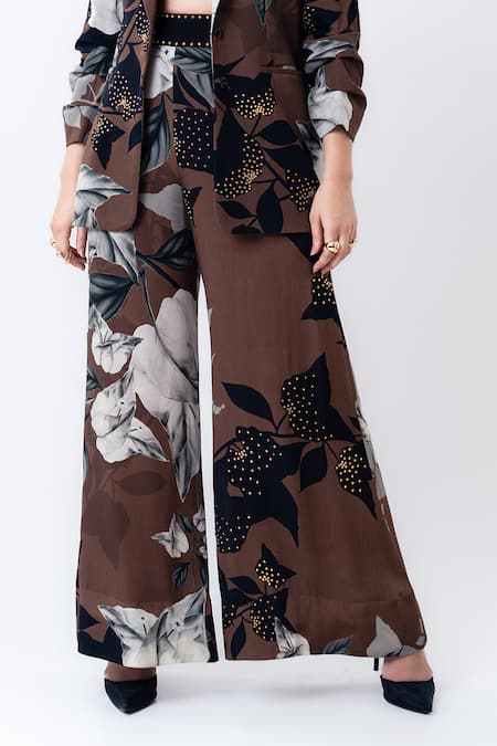 Nupur Kanoi_Brown Crepe, Satin Studs, Sequins Sweetheart Printed Studded Blazer And Pant Set _Online_at_Aza_Fashions