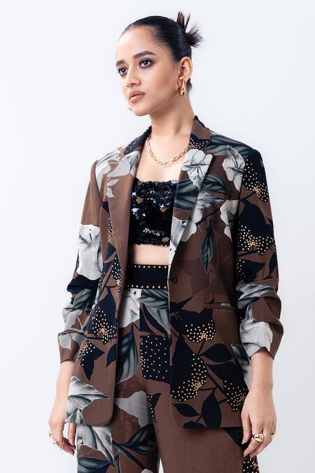 Buy_Nupur Kanoi_Brown Crepe, Satin Studs, Sequins Sweetheart Printed Studded Blazer And Pant Set _Online_at_Aza_Fashions
