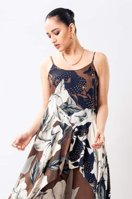 Nupur Kanoi_Brown Satin, Crepe Foil Printing, Printed Studded Strappy Singlet Top And Pant Set _Online_at_Aza_Fashions