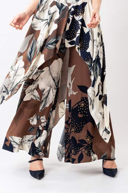 Buy_Nupur Kanoi_Brown Satin, Crepe Foil Printing, Printed Studded Strappy Singlet Top And Pant Set _Online_at_Aza_Fashions